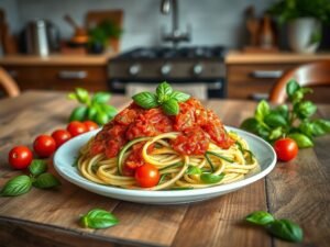 Espaguete de Abobrinha Vegano Low Carb com Molho de Tomate e Manjericão