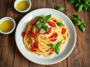 Espaguete de Pupunha com Tomate Seco e Manjericão