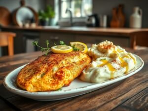 Filé de Peixe com Purê de Batatas à Brasileira