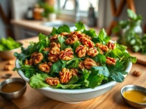 Salada de folhas com nozes caramelizadas do Chef